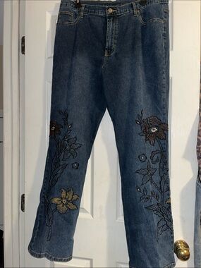 DG2 by Diane Gilman Dark Blue Embroidered Wide-Leg Jeans